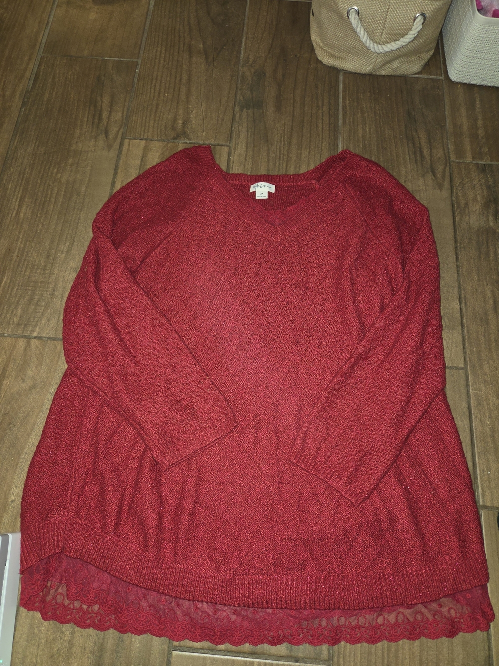 Style & Co. Red V-Neck Sweater with Lace Trim